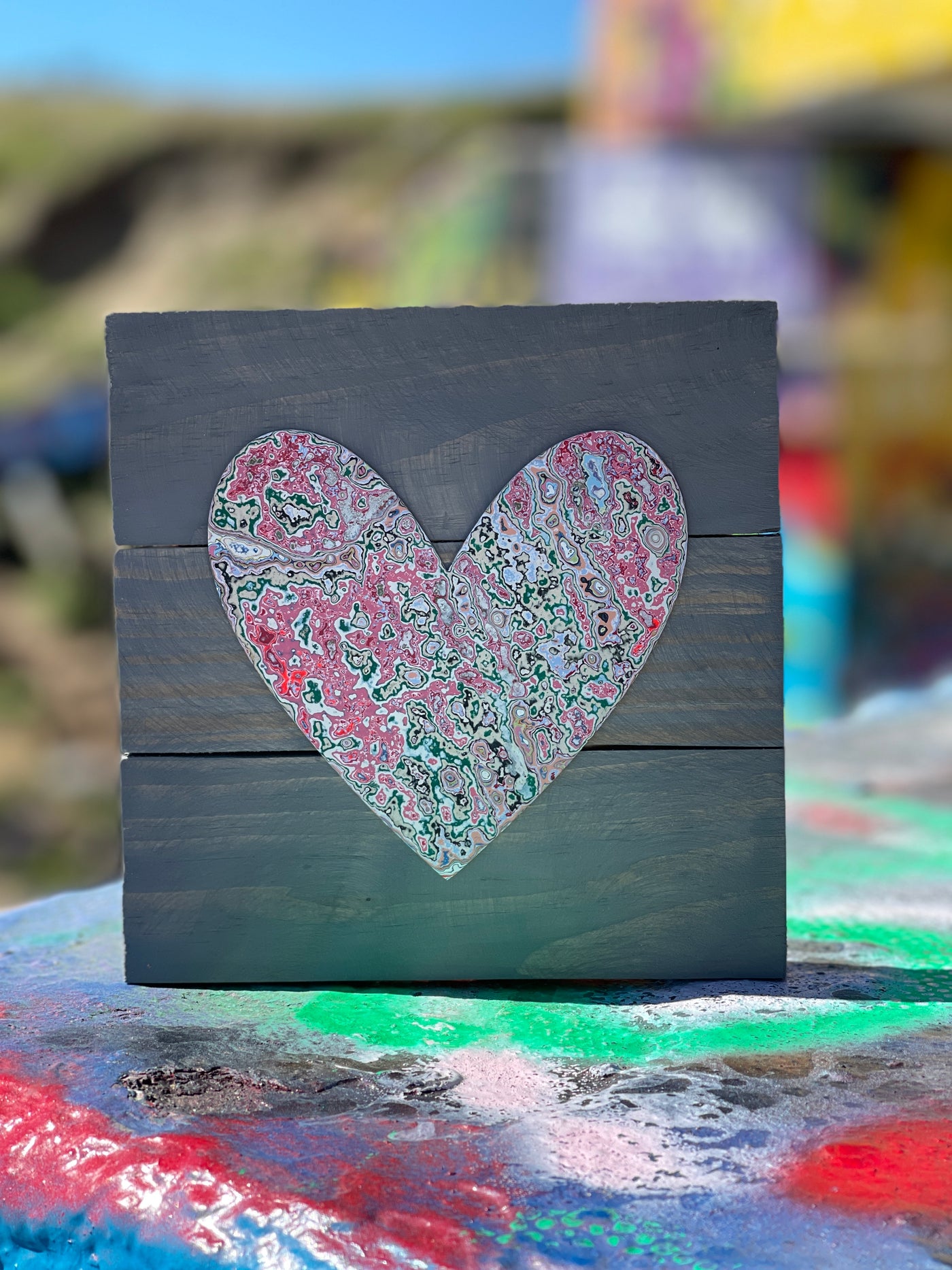 Graffiti Bridge Artwork (random color) Heart design mounted on reclaimed wood